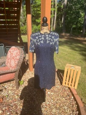 Elegant Navy Beaded Cocktail Dress with Silver Accents